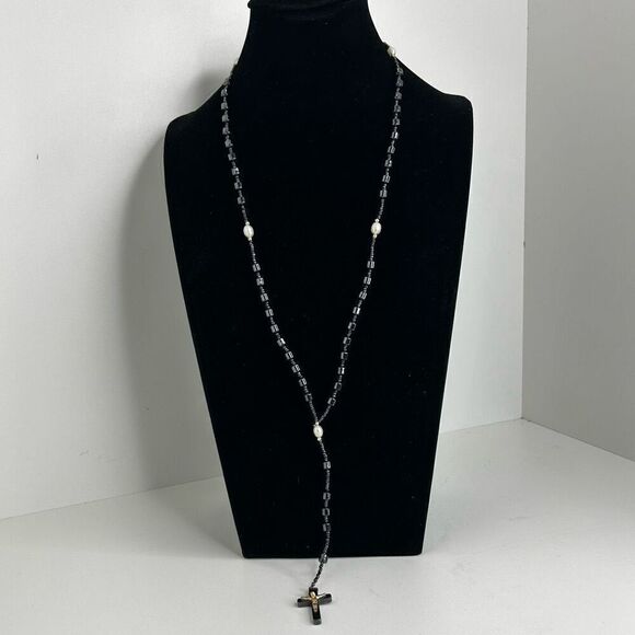 Hematite Bead Rosary 13.5" Gray & Gold-tone Seed Beads With Cultured Pearls - Picture 2 of 8